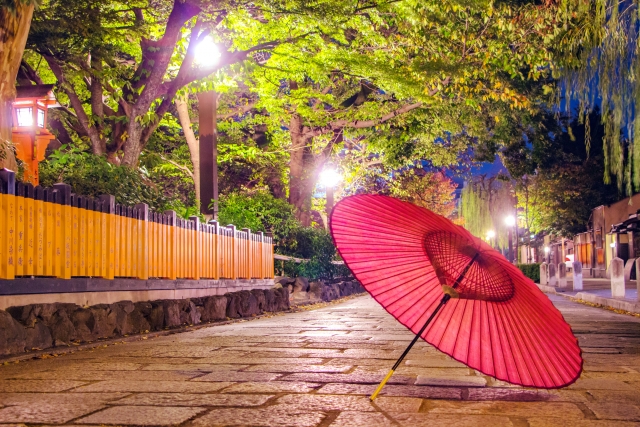 赤い和傘と京都の風景